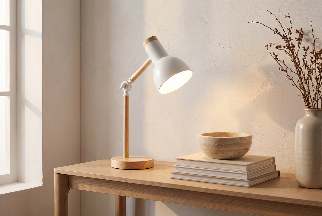 Table lamp on an oak console in a calm interior