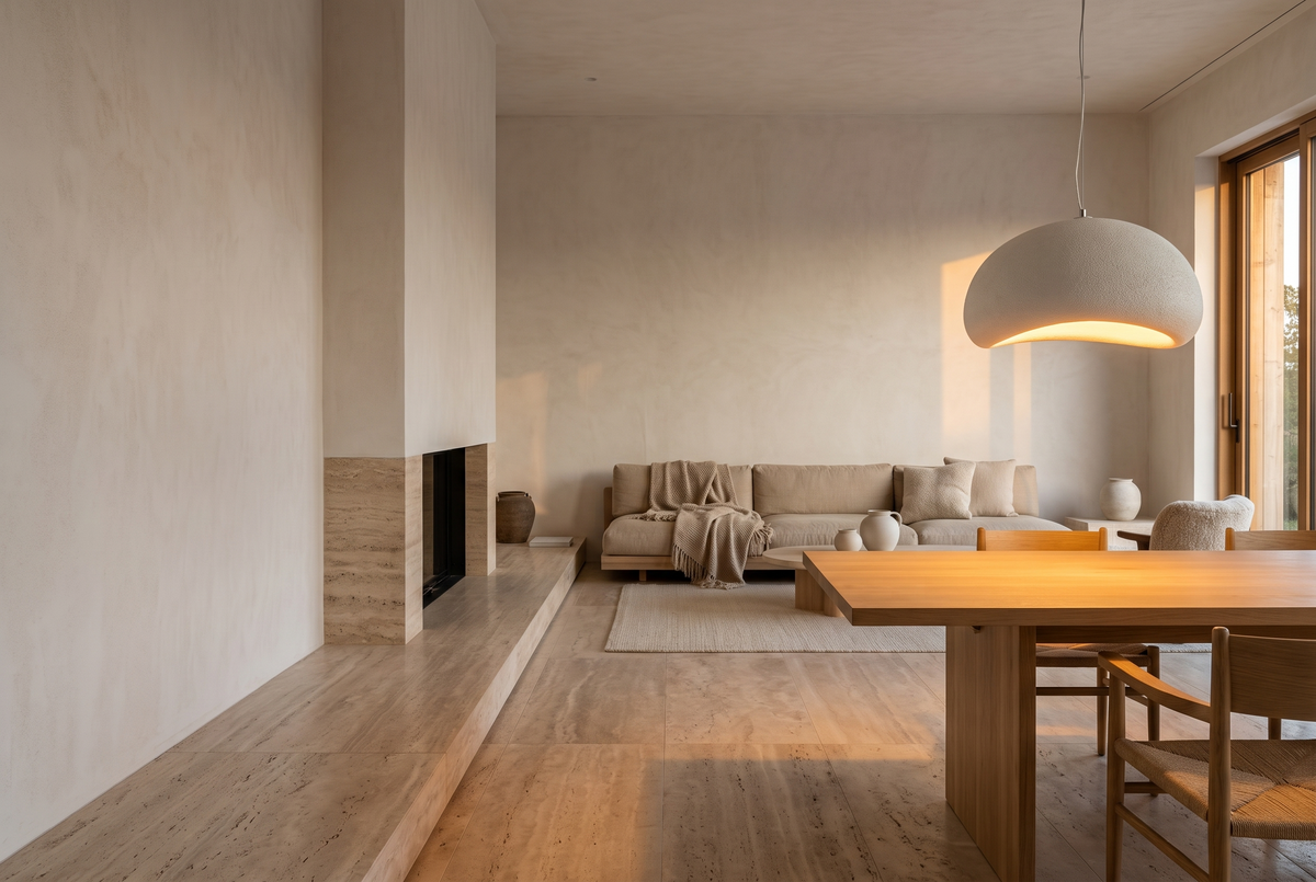 Warm minimalist living room with a glowing pendant light