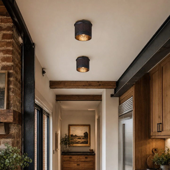 Vintage Rustic Black Metal Industrial Flush Mount Ceiling Light