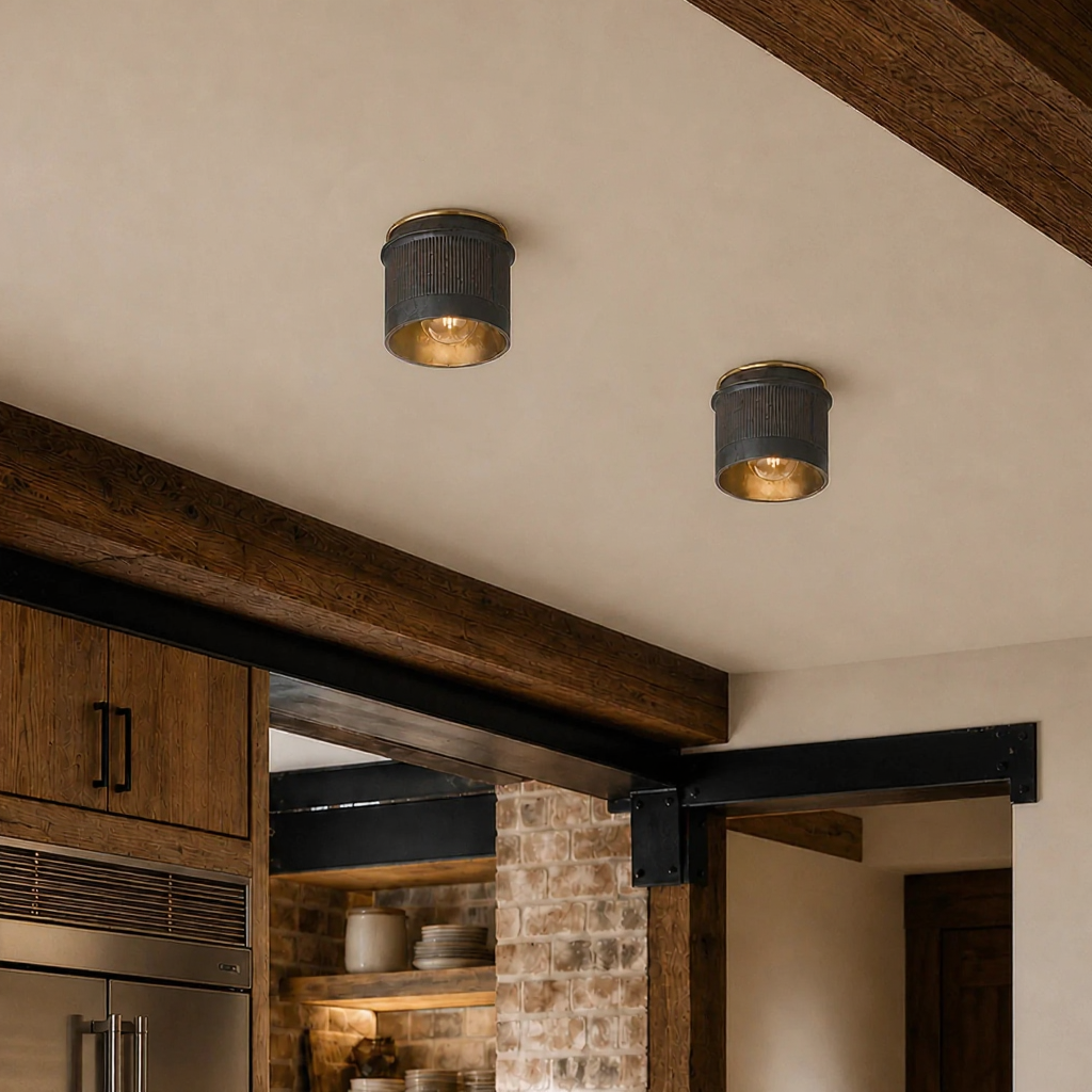 Vintage Rustic Black Metal Industrial Flush Mount Ceiling Light