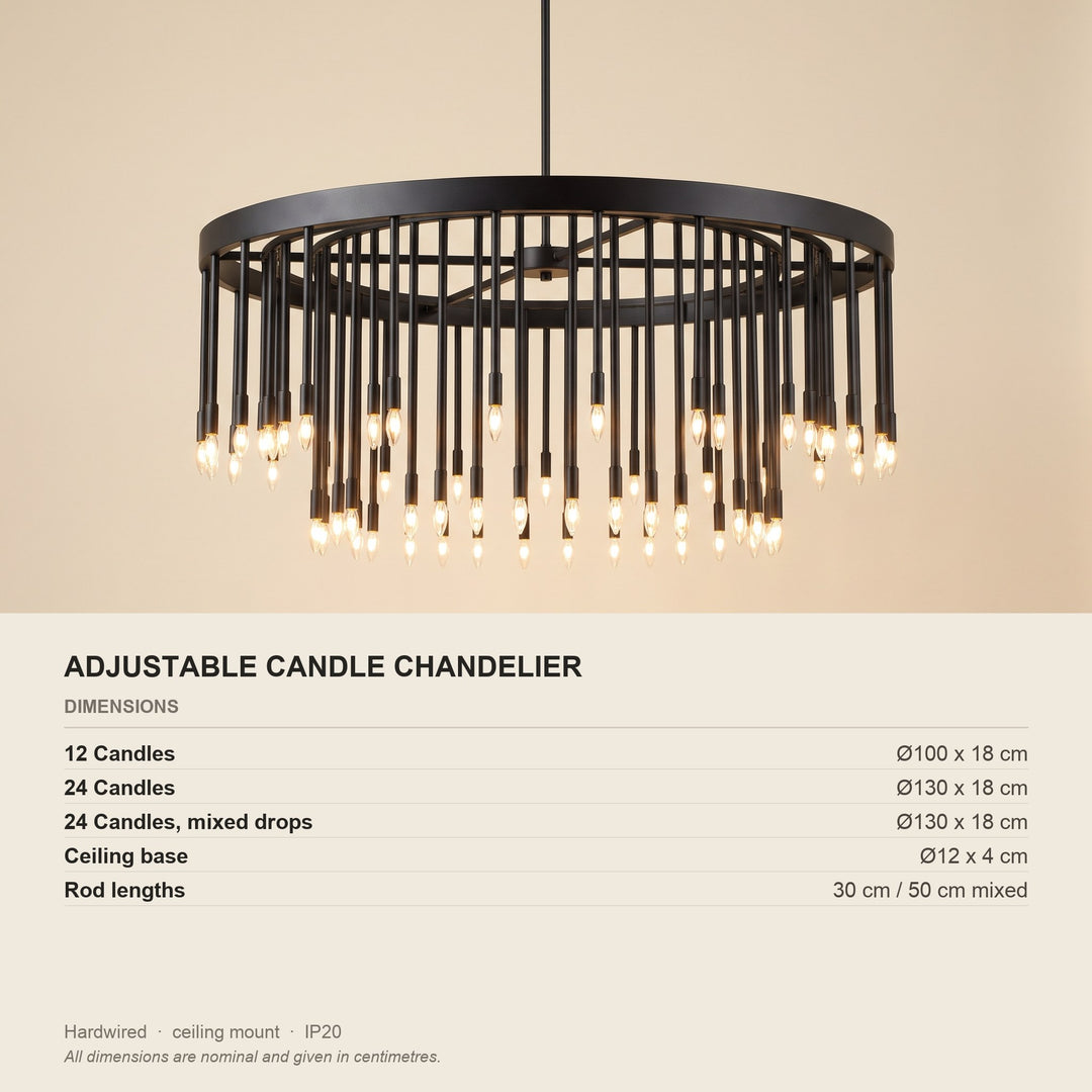 Adjustable Candle Chandelier - Modern Brass - dimensions and fitting