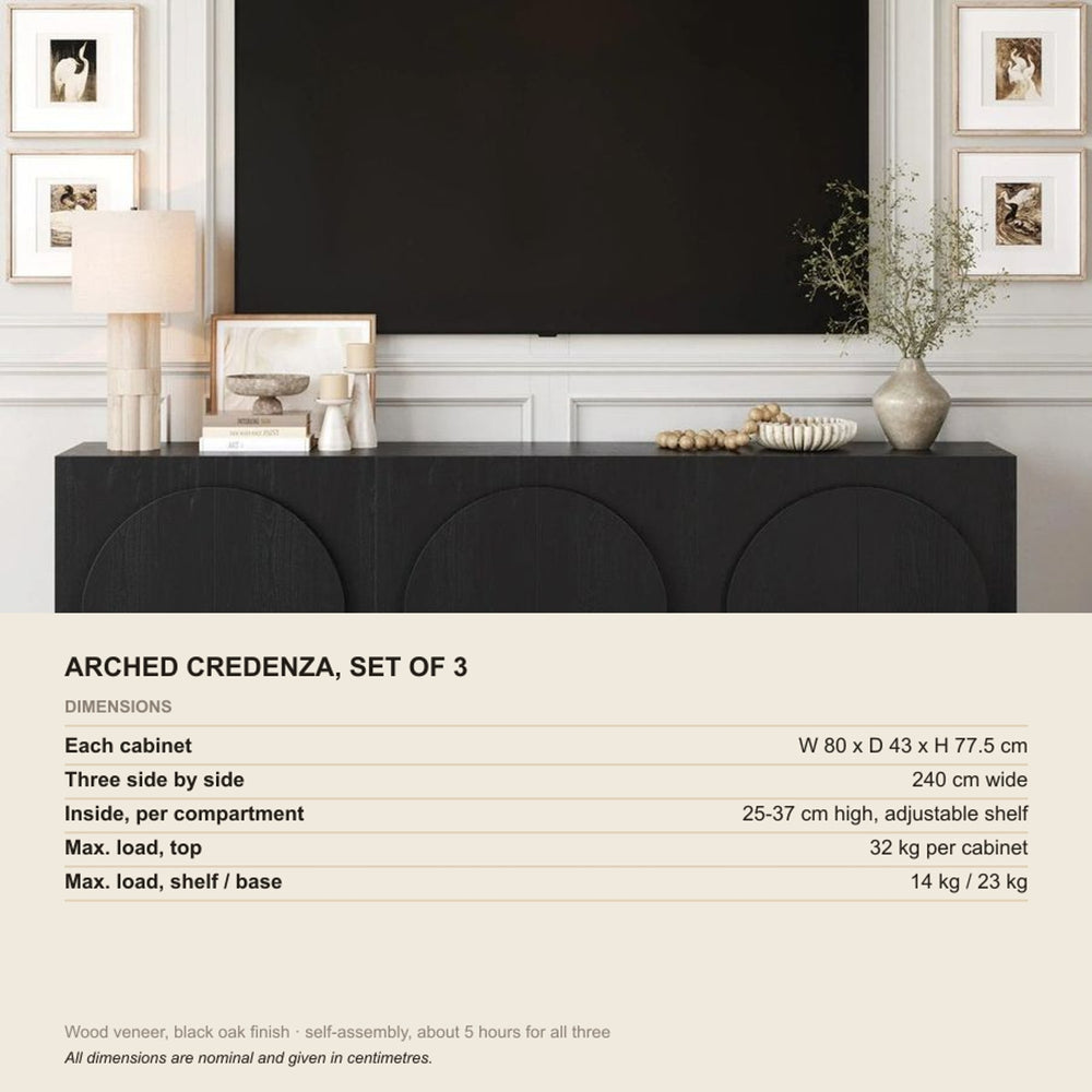 Mid-Century Modern Credenza Arched Black (Set of 3), dimensions