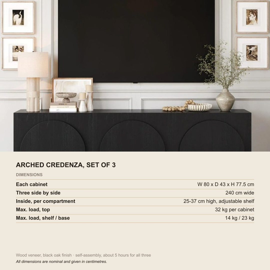 Mid-Century Modern Credenza Arched Black (Set of 3), dimensions