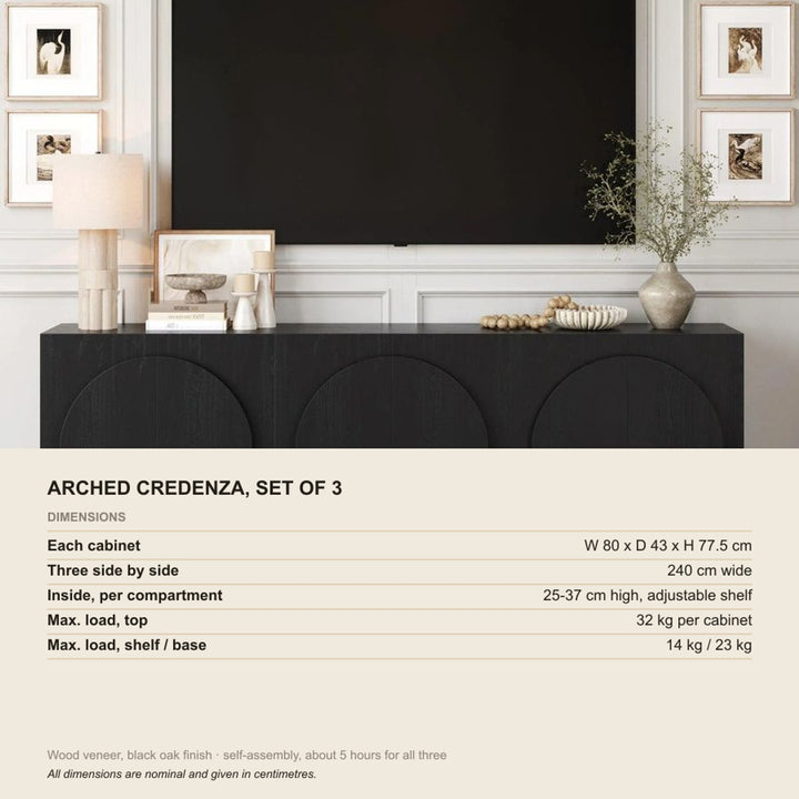Mid-Century Modern Credenza Arched Black (Set of 3), dimensions