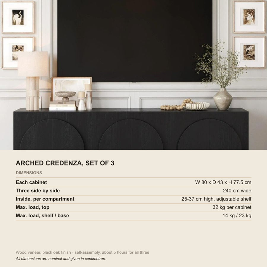 Mid-Century Modern Credenza Arched Black (Set of 3), dimensions