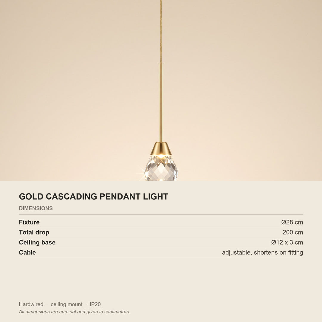 Gold Cascading Pendant Light - Adjustable Drop - dimensions and fitting