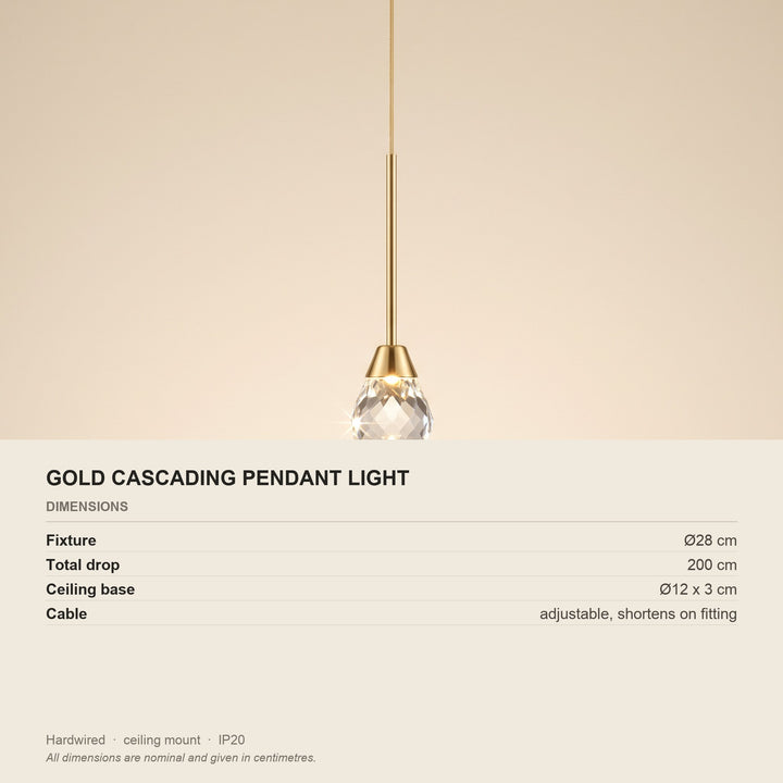 Gold Cascading Pendant Light - Adjustable Drop - dimensions and fitting