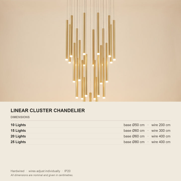 Linear Cluster Chandelier - Adjustable Wires - dimensions and fitting
