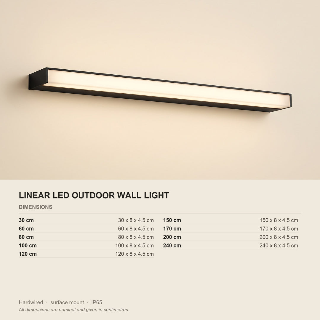 Linear LED Outdoor Wall Light - Matt Black - dimensions and fitting