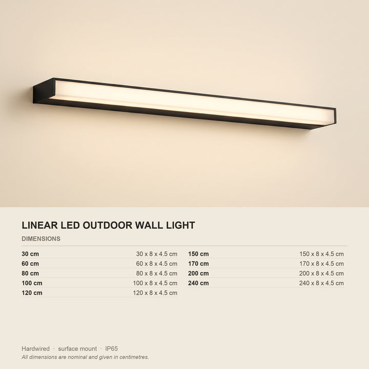 Linear LED Outdoor Wall Light - Matt Black - dimensions and fitting