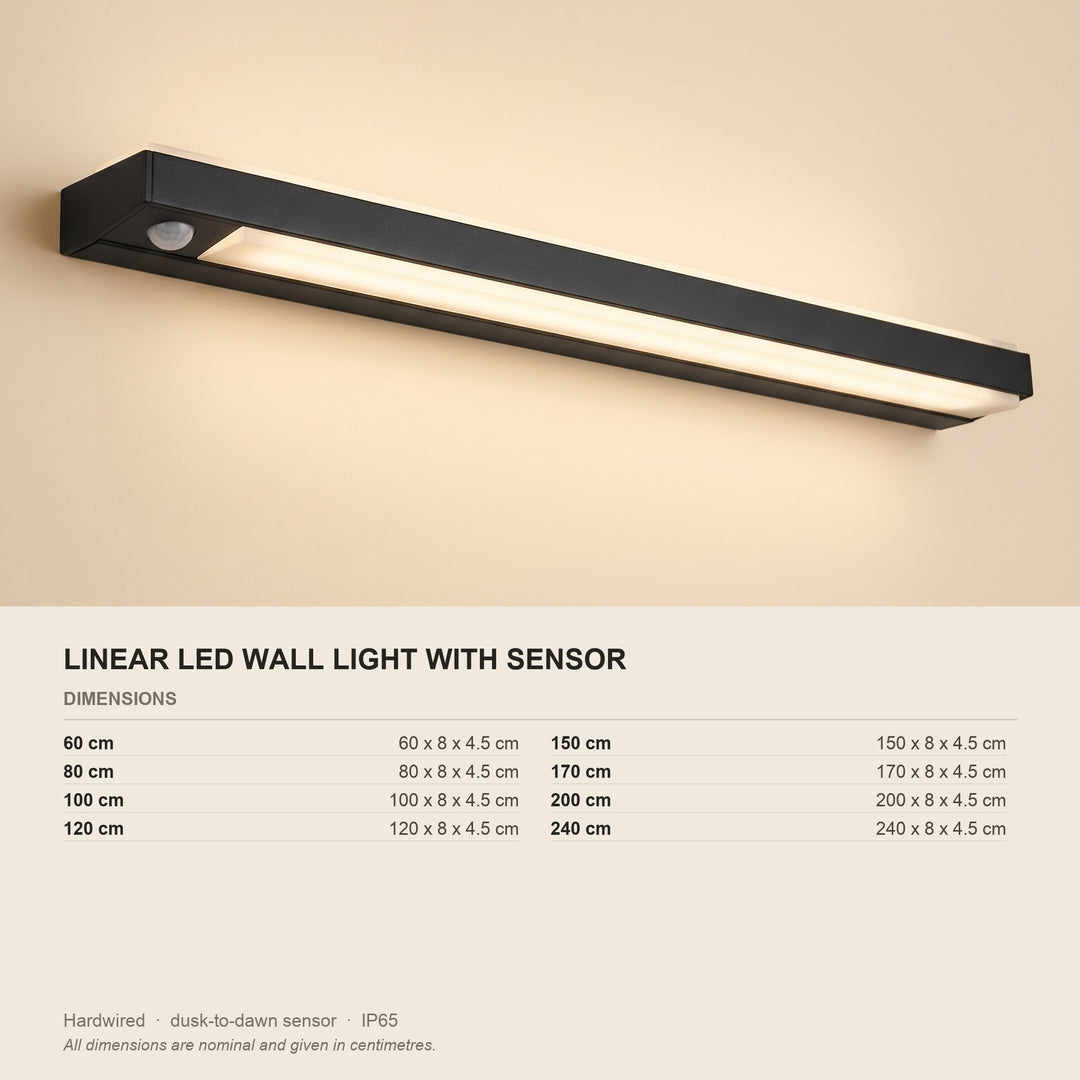 Linear LED Wall Light with Dusk-to-Dawn Sensor - dimensions and fitting