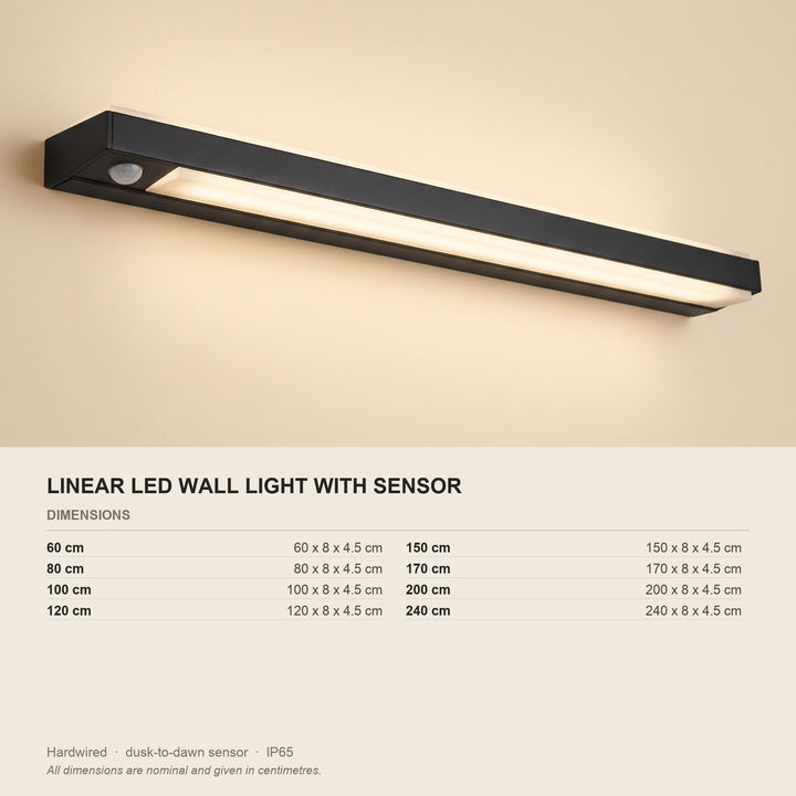 Linear LED Wall Light with Dusk-to-Dawn Sensor - dimensions and fitting
