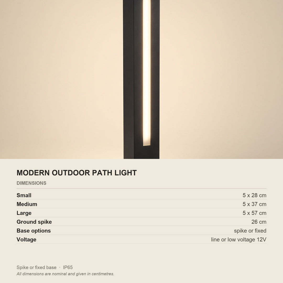 Modern Outdoor Path Light - Matt Black - dimensions and fitting