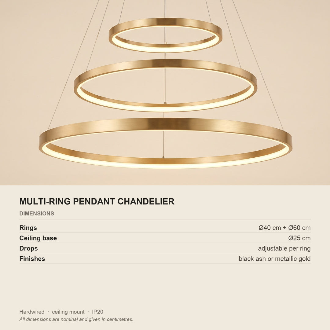 Multi-Ring Pendant Chandelier - Adjustable Drops - dimensions and fitting