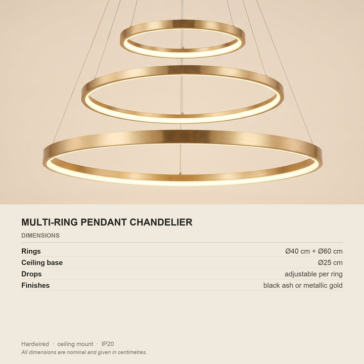 Multi-Ring Pendant Chandelier - Adjustable Drops - dimensions and fitting