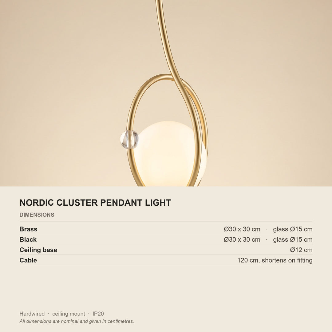 Nordic Cluster Pendant Light - Glass & Brass - dimensions and fitting