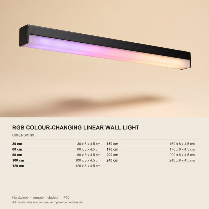 RGB Colour-Changing Linear Wall Light - dimensions and fitting
