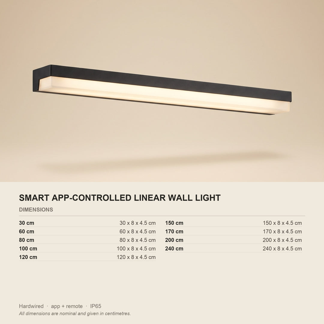 Smart App-Controlled Linear Wall Light - dimensions and fitting