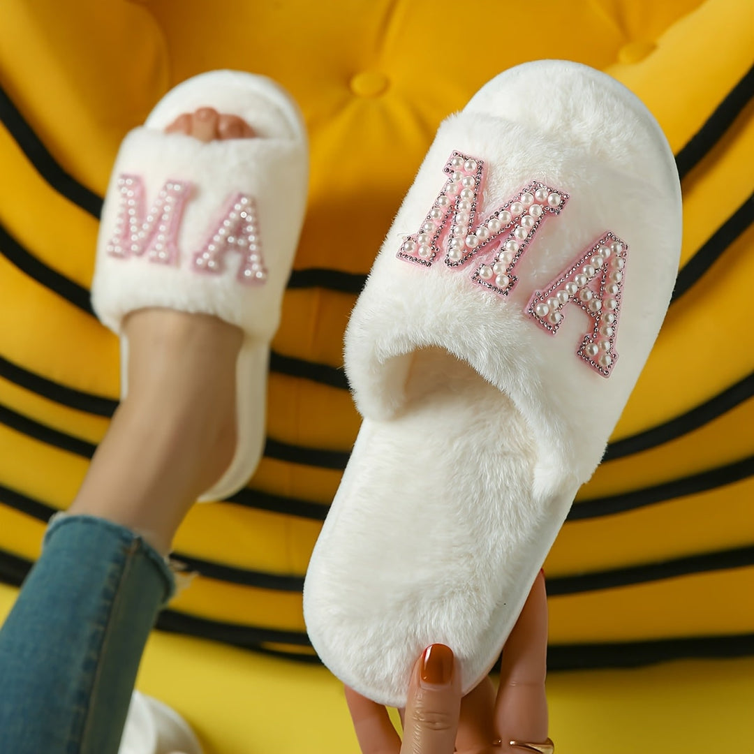 'Mama' faux fur open-toe slippers