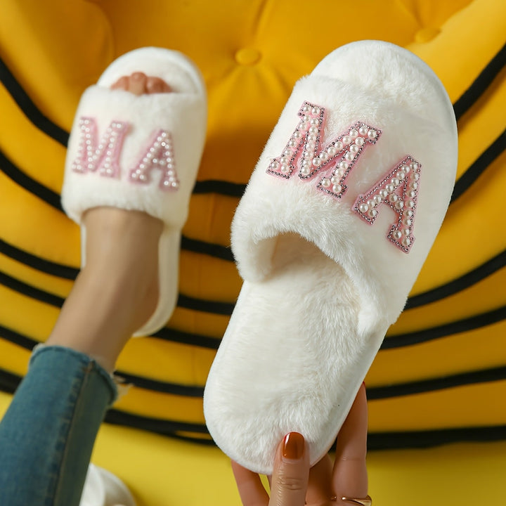 'Mama' faux fur open-toe slippers