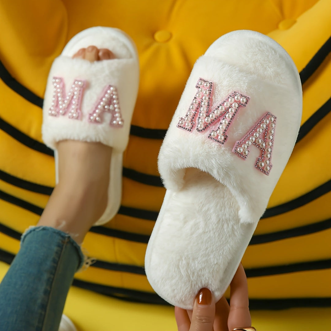 'Mama' faux fur open-toe slippers