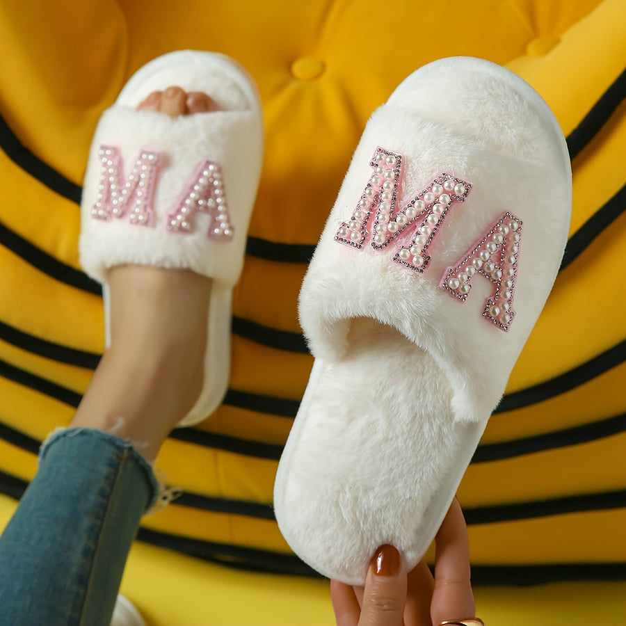 'Mama' faux fur open-toe slippers