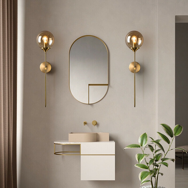 Long Brass Stem Wall Light | Glass Globe, 4 Glass Colours