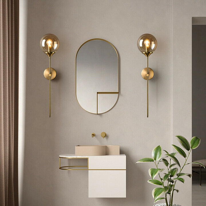 Long Brass Stem Wall Light | Glass Globe, 4 Glass Colours