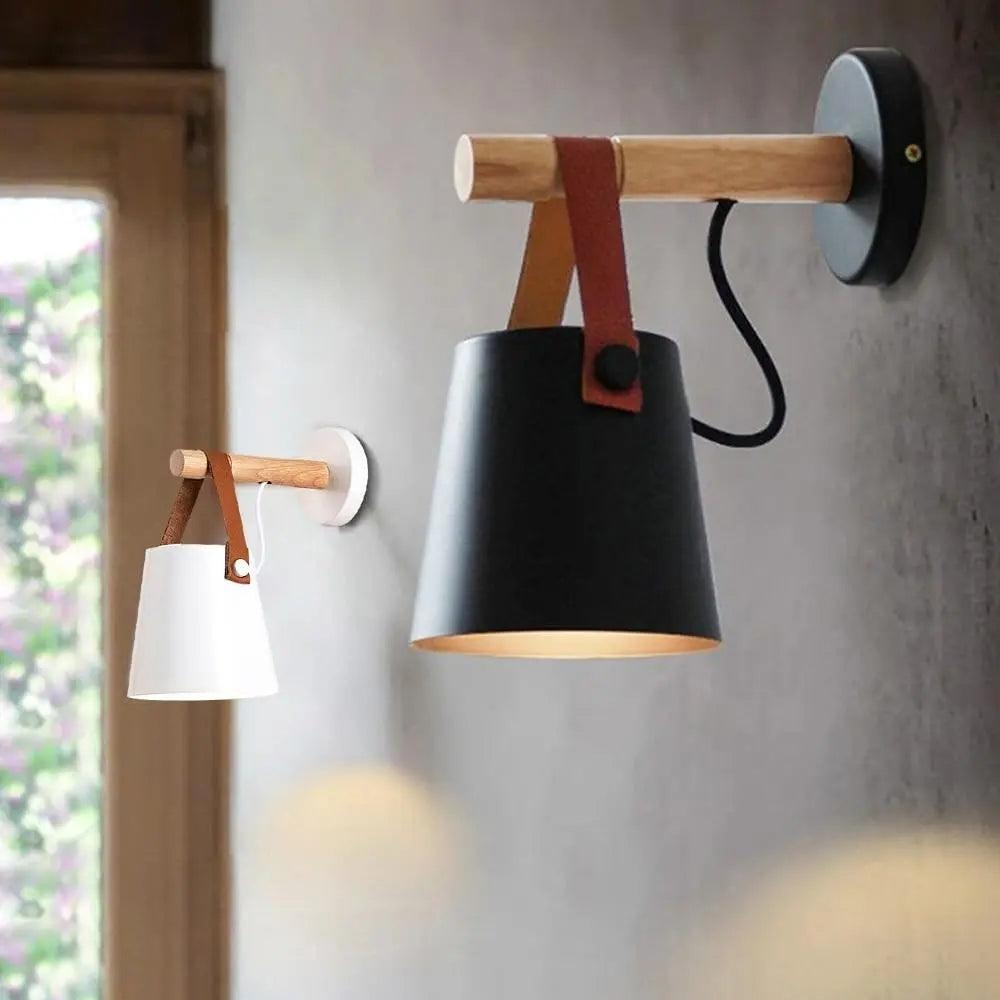 Wood and Leather Strap Wall Light | Metal Bucket Shade