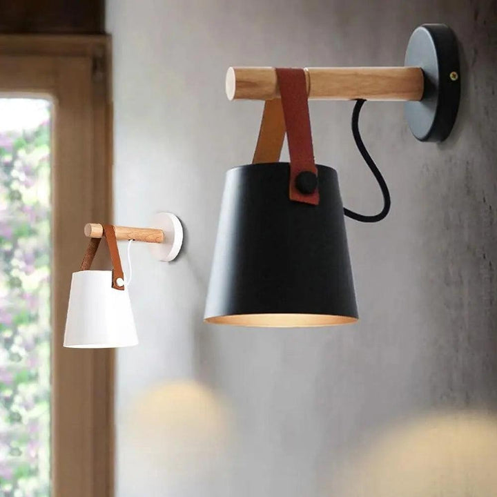 Wood and Leather Strap Wall Light | Metal Bucket Shade