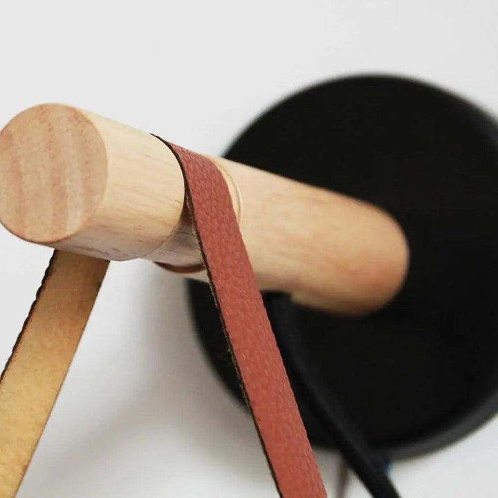 Wood and Leather Strap Wall Light | Metal Bucket Shade