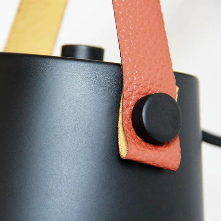 Wood and Leather Strap Wall Light | Metal Bucket Shade