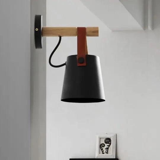 Wood and Leather Strap Wall Light | Metal Bucket Shade