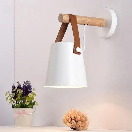 Wood and Leather Strap Wall Light | Metal Bucket Shade