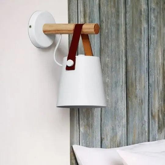 Wood and Leather Strap Wall Light | Metal Bucket Shade