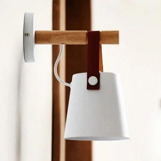 Wood and Leather Strap Wall Light | Metal Bucket Shade