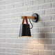 Wood and Leather Strap Wall Light | Metal Bucket Shade