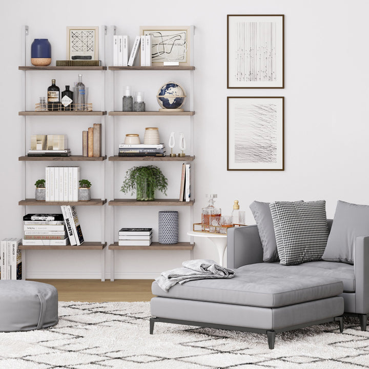 Oak and White 5-Shelf Ladder Bookshelf