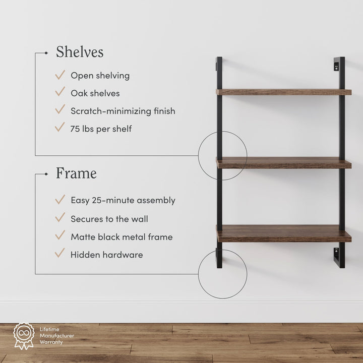 Oak-Effect 3-Shelf Floating Bookshelf