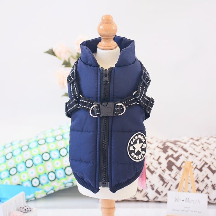 Padded dog coat with built-in harness