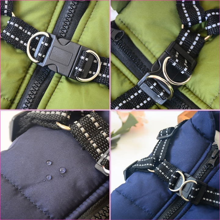 Padded dog coat with built-in harness