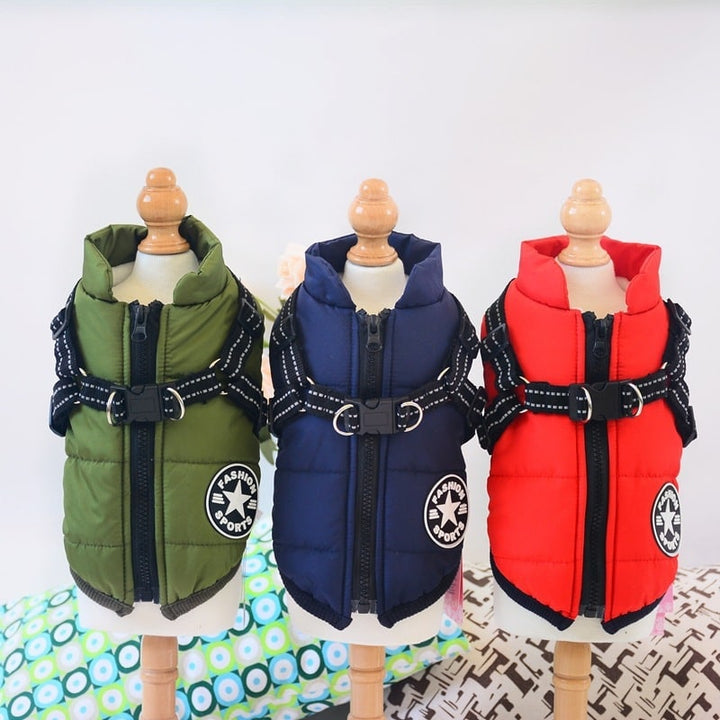 Padded dog coat with built-in harness