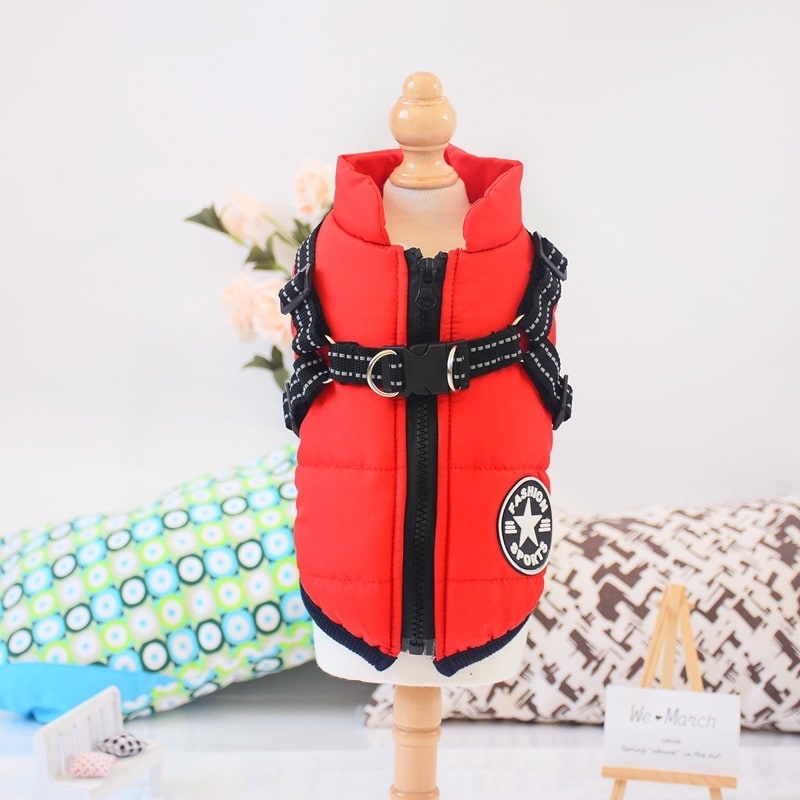 Padded dog coat with built-in harness