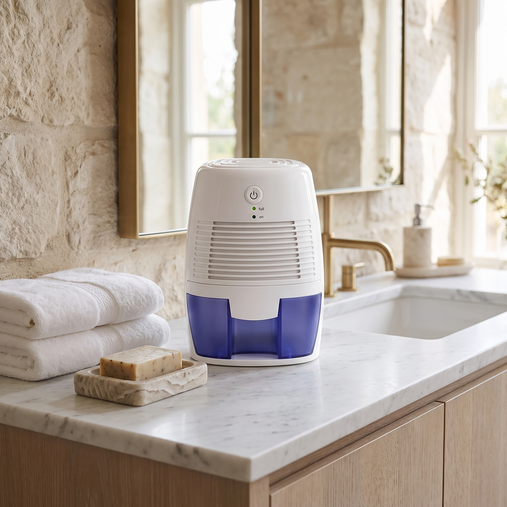 Petite dehumidifier on a marble bathroom vanity