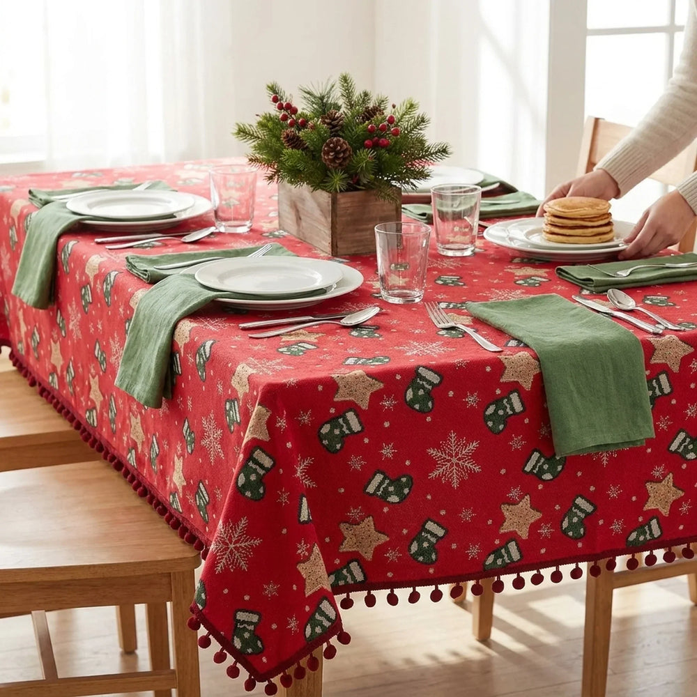 Christmas tablecloth with pom-pom trim