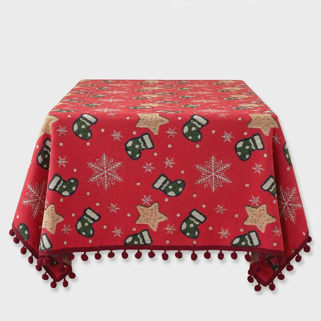 Christmas tablecloth with pom-pom trim