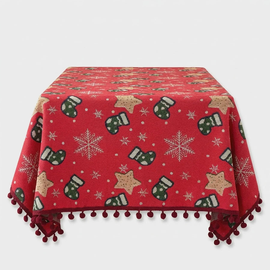 Christmas tablecloth with pom-pom trim