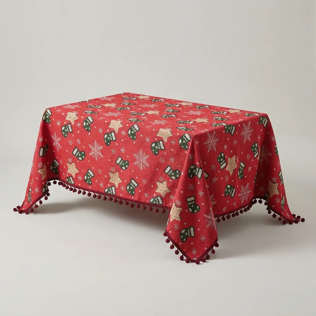 Christmas tablecloth with pom-pom trim