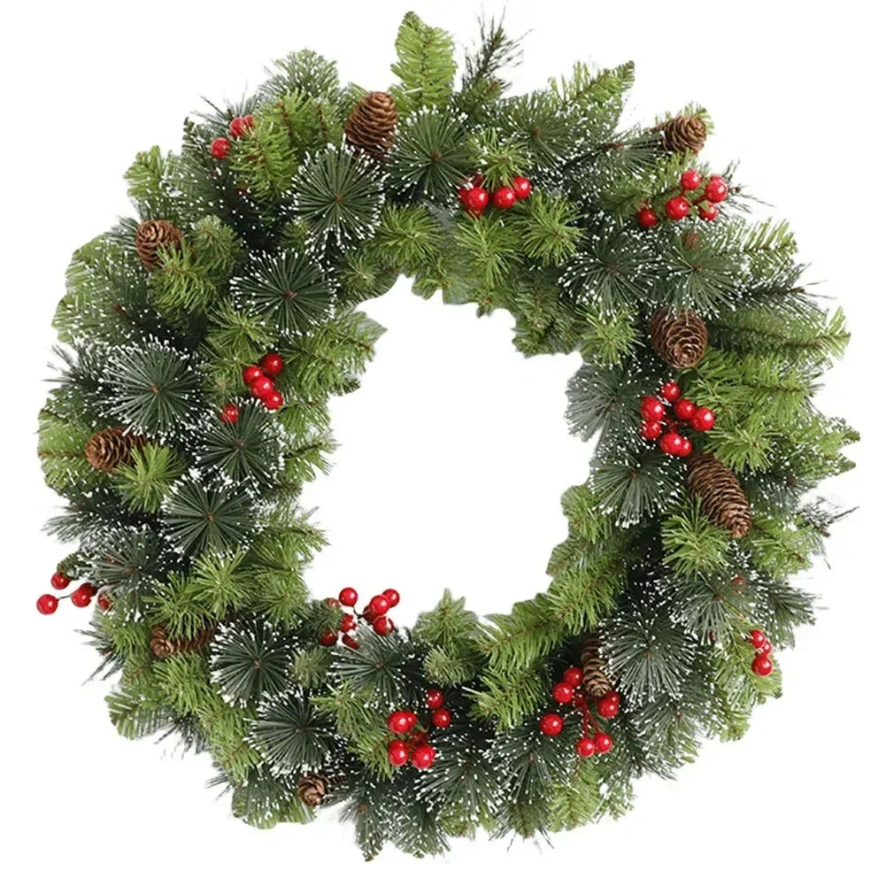 Pre-lit frosted pine Christmas wreath with berries and pine cones