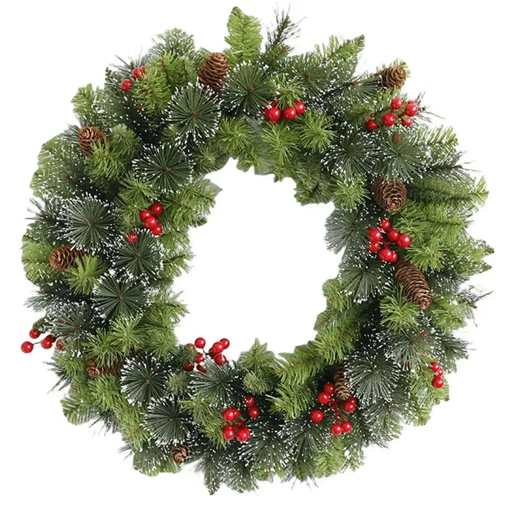Pre-lit frosted pine Christmas wreath with berries and pine cones